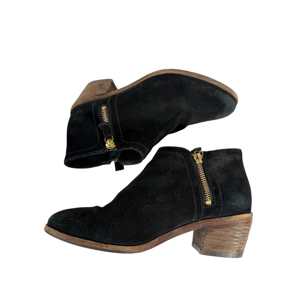 Boden Black Suede Ankle Boots Size 37 Gold Double Zip Stacked Heel Booties
